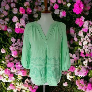 Crown & Ivy Womens Blouse Top Shirt Mint Green 3/4 Sleeve Size PL Petite Large